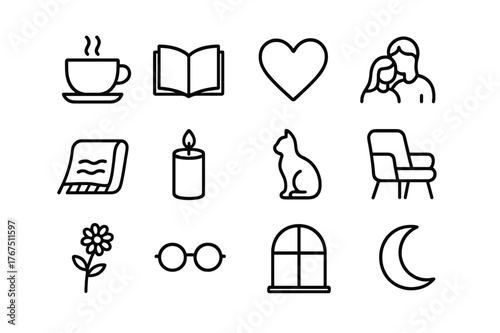 Peaceful Moments Icons. Peaceful moments. Line outline icon set of peaceful moments: tea cup, book, heart,