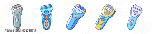 Collection of five colorful electric shavers in various designs
