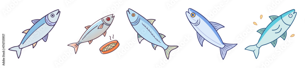 Fototapeta premium Colorful abstract watercolor paintings of five swimming herrings