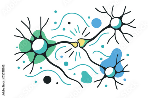 Neuron Synaptic Growth. Synaptic growth. Close-up of a neuron network glowing brighter as new connections