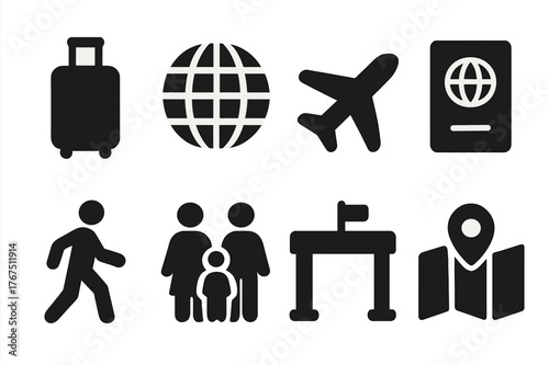 Migration Icon Set. Migration. Filled icon set of Migration: suitcase, globe, airplane, passport, walking