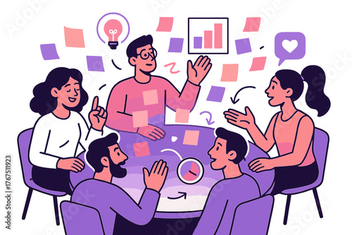 Virtual Brainstorming Session. Virtual brainstorming. A glowing roundtable with floating sticky notes, charts,