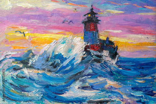 Lighthouse in stormy sea at sunset with crashing waves