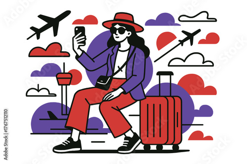 Chic Airport Fashionista. Travel Outfit. A fashionista sits on a suitcase at an airport with a phone raised