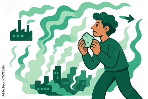 Urban Smog Reflection. Urban challenges. A character looking at glowing city smog while holding protective