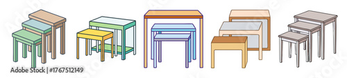 Collection of diverse nesting tables with various colors and designs