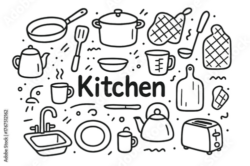 Hand-Drawn Kitchen Doodle. Kitchen. Hand-drawn doodle illustration of kitchen. Frying pan, pot, ladle, oven