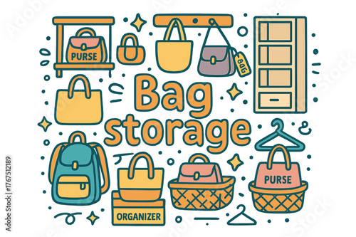 Colorful Bag Storage Doodle. Bag storage. Hand-drawn doodle illustration of Bag storage. Purse, backpack, tote