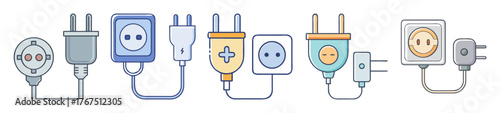 Cartoon plug and socket collection diverse electrical connection icons with faces
