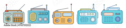 Collection of colorful portable radios displayed in a row vintage electronics