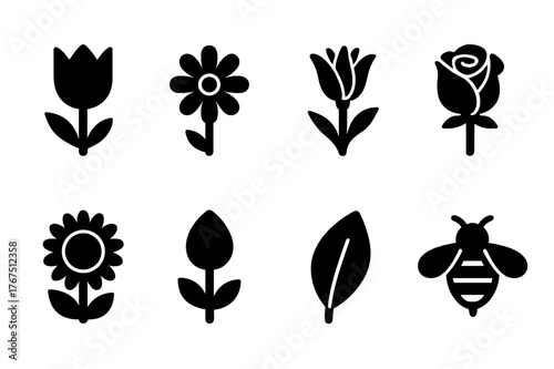 Blooming Flowers Icons. Blooming flowers. Filled icon set of Blooming flowers: tulip, daisy, lily, rose,