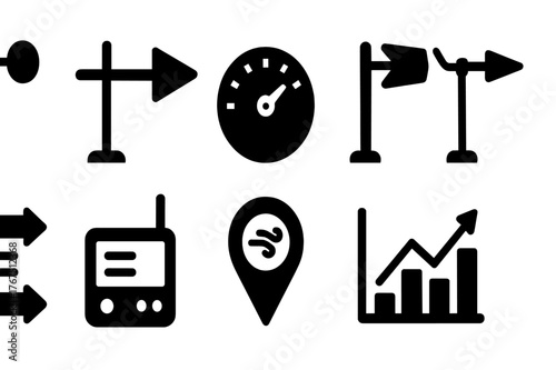 Wind Measurement Icons. Wind measurement. Filled icon set of wind measurement: anemometer, wind vane, speed