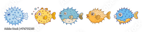 Collection of colorful pufferfish characters engaging in playful underwater scenes