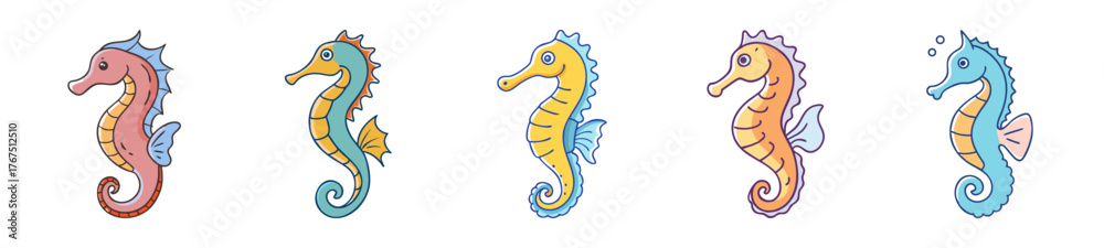 Fototapeta premium Five colorful artistic seahorses displayed together in a row
