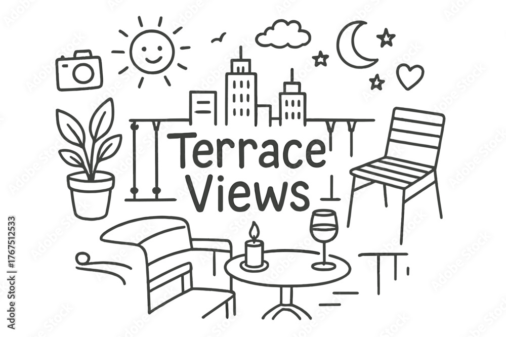 Obraz premium Terrace Views Doodle. Terrace Views. Hand-drawn doodle illustration of Terrace Views. balcony railing, potted