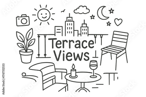 Terrace Views Doodle. Terrace Views. Hand-drawn doodle illustration of Terrace Views. balcony railing, potted
