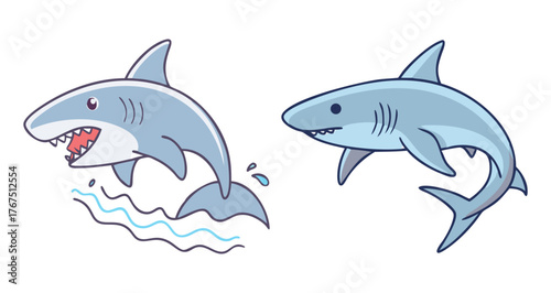 Two playful cartoon sharks swimming and jumping with water splashes