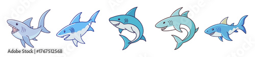 Collection of five artistic water color style sharks swimming underwater
