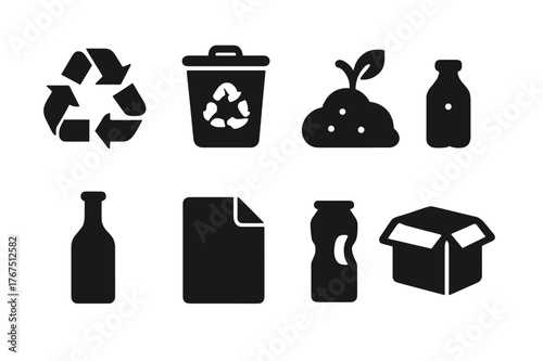 Recycling Icon Set. Recycling. Filled icon set of Recycling: recycle arrows, trash bin, compost, glass bottle,