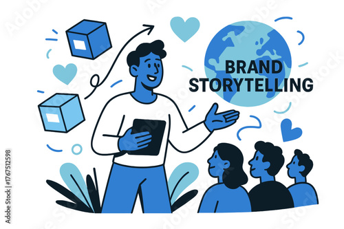 Digital Storyteller Scene. Brand storytelling. A virtual character standing in front of floating product boxes