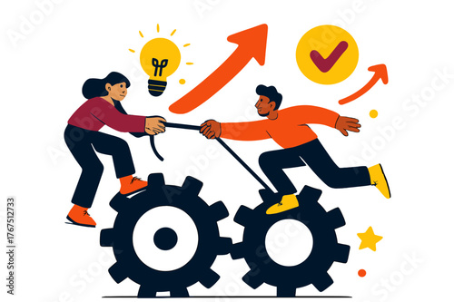 Dynamic Problem Solving. Problem solving. Characters climbing over giant gears, one pulling another upward