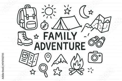 Family Adventure Icons. Family Adventure. Hand-drawn doodle illustration of Family Adventure. backpack, tent,