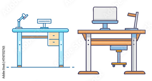 Modern office desks with computers and adjustable lamps and drawers