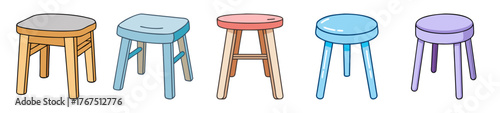 Five colorful stools with unique legs displayed together