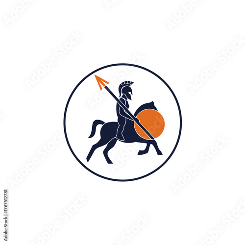 Equestrian warrior emblem silhouette of a rider with spear and shield on horseback