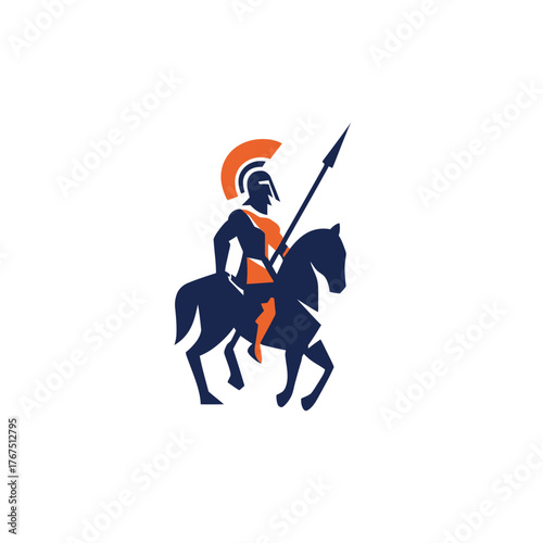 Stylized illustration of a knight on horseback with a spear against white backdrop