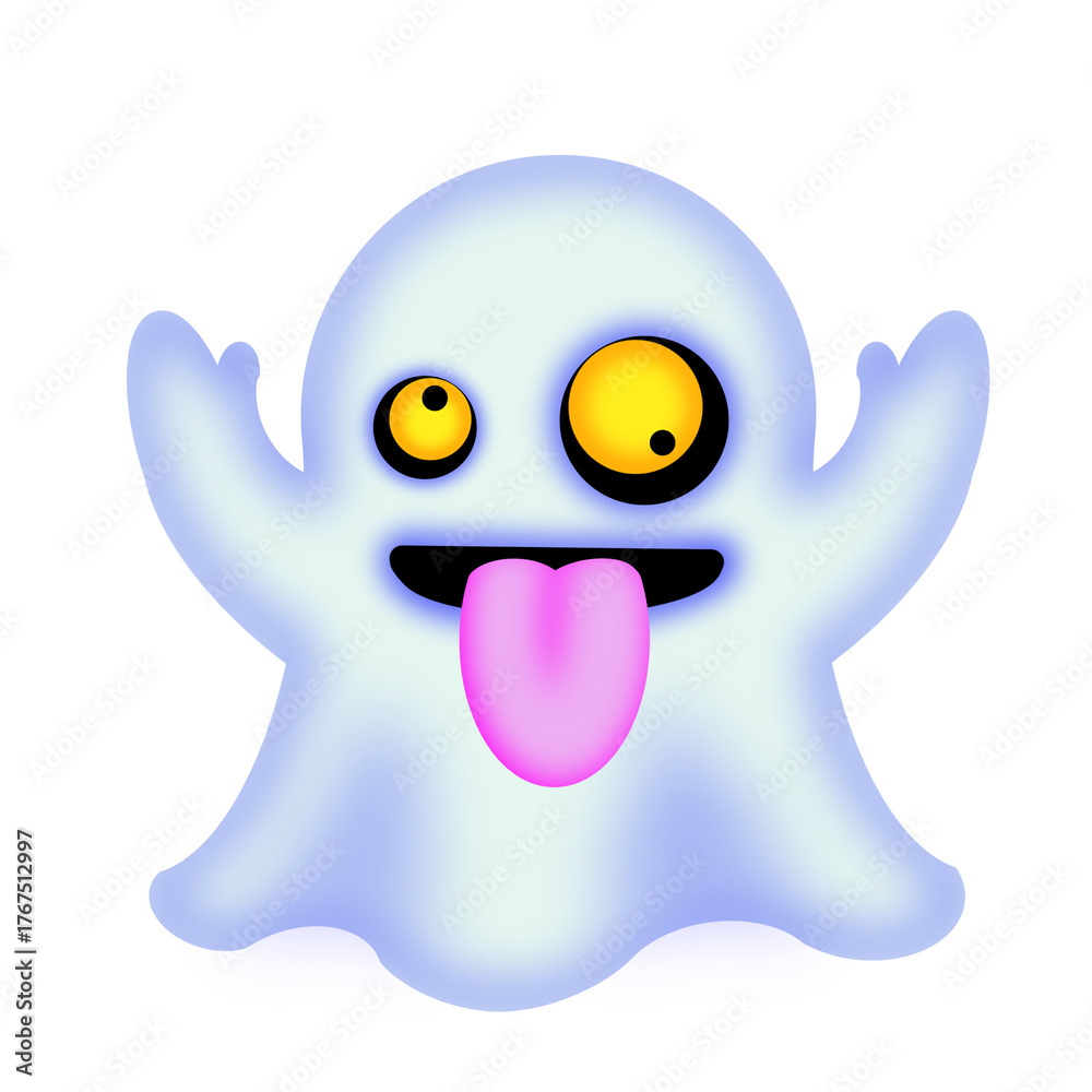 Obraz premium Funny Ghost Cartoon with Tongue OutDeskripsi: Cute and funny ghost illustration with yellow eyes and pink tongue sticking out. Playful Halloween emoji character with bright colors and soft gradients