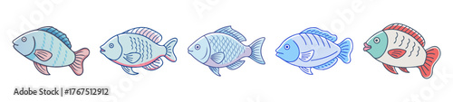Collection of colorful cartoon-style fish characters with fins and scales