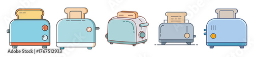 Variety of modern blue and teal toasters with toast slots