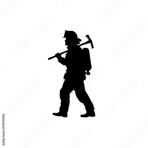 Silhouette of a firefighter with equipment on white background