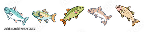 Five artistic renderings of trout in various poses and colors