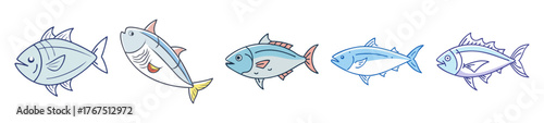 Abstract artistic renderings of various tuna species in motion