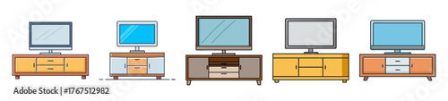 Collection of modern tv stands with flat screen televisions displayed
