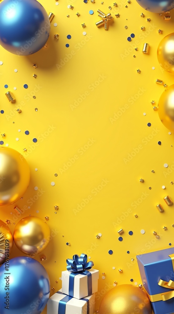 Fototapeta premium Vibrant yellow background adorned with festive gold and blue ornaments, glittering stars, confetti, and wrapped gift boxesperfect for holiday celebrations or joyful announcements!