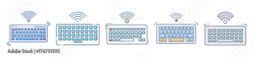 Multiple computer keyboards with wireless connectivity and grid layouts displayed