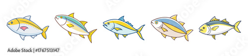 Five colorful yellowtail fish sketches displayed side by side