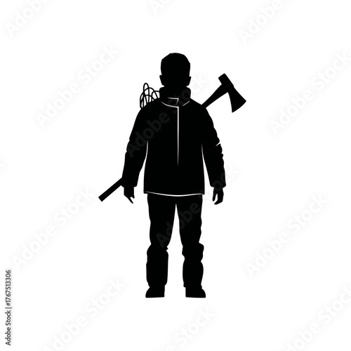 Silhouette of a firefighter with axe and equipment ready for action