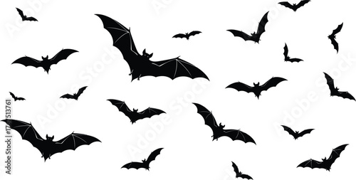 Bat silhouette vector illustration, black and white, flying bats, spooky night theme, Halloween design, gothic style, nocturnal wildlife, horror holiday graphic art