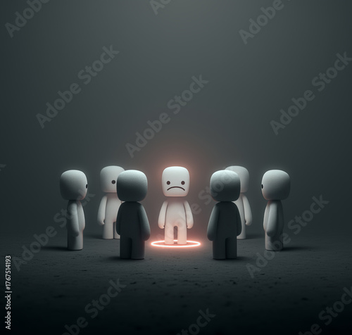 An isolated and sad character singled out by a glowing red light, standing in the center of a judgmental group of abstract figures