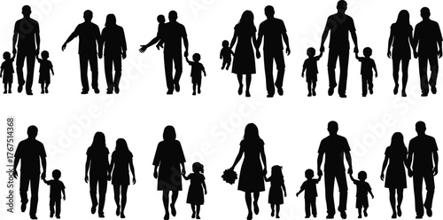 Family silhouette vector illustration, black and white, adult and child group poses, walking and standing figures, relationship theme, people icon, graphic design