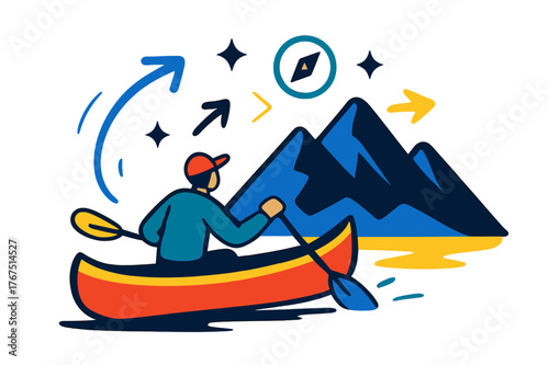 Paddler's Journey. Adventure spirit. A lone paddler in glowing handcrafted canoe heading toward mountains,