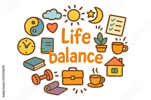 Life Balance Doodles. Life balance. Hand-drawn doodle illustration of life balance. Yin-yang, clock, heart,