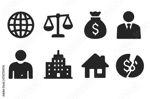 Global Inequality Icons. Global economic inequalities. Filled icon set of Global economic inequalities: globe,