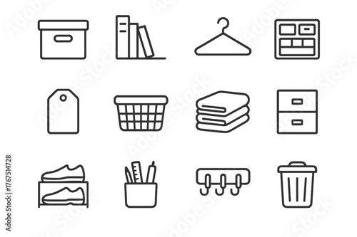 Home Organization Icons. Home organization and decluttering tips. Line outline icon set of Home organization