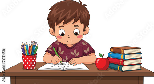 Cartoon child sitting at desk writing in notebook with books, pencils, and apple, illustrating homework and educational study scene
