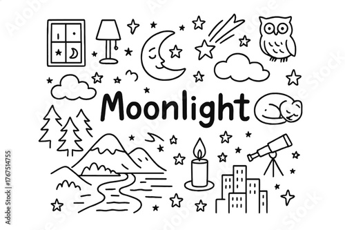 Moonlight Doodle Art. Moonlight. Hand-drawn doodle illustration of moonlight. moon, stars, clouds, trees,